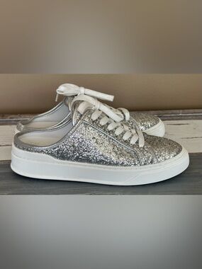 Stuart Weitzman Silver Glitter Lace-Up  Backless Mule Sneakers Size 7.5 EU 38